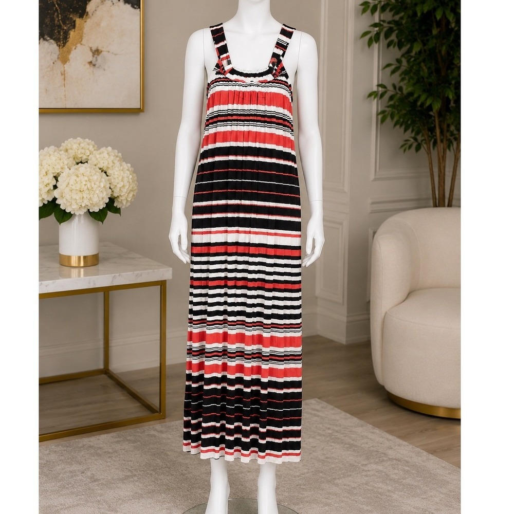 Spense Womens Maxi Dress Striped Smocked Sleeveless Red Black White Medium